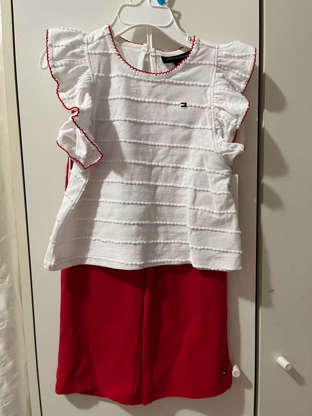 Tommy Hilfiger White Ruffle Sleeve Top with Red Skirt